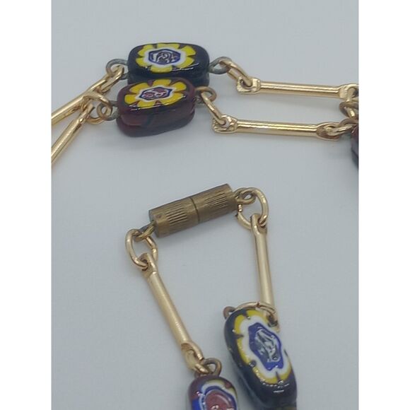 Vtg Murano Style Brown Black Yellow Floral Glass Gold Tone 30" Bar Link Necklace - Picture 5 of 5